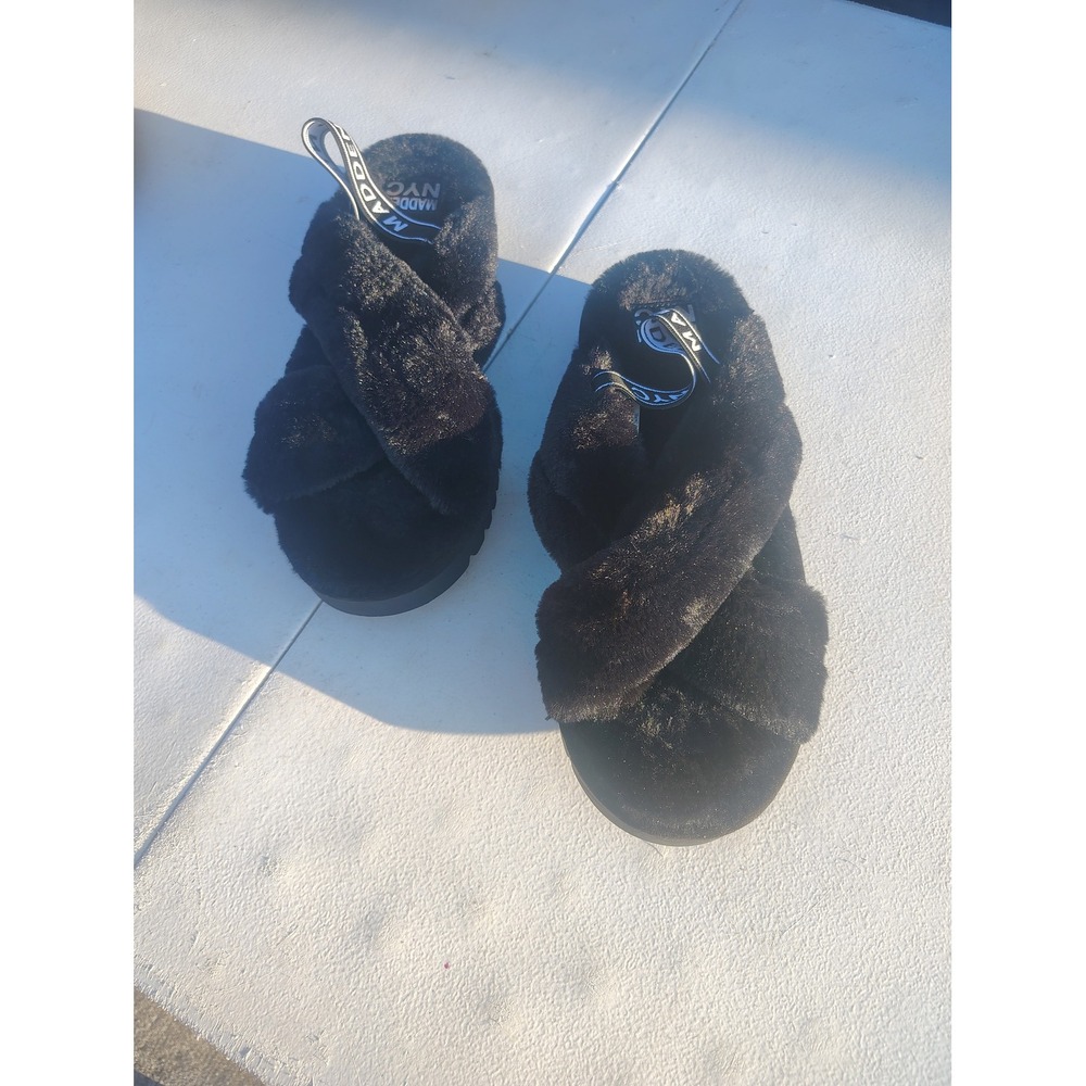 Madden NYC Womens Black Faux Fur Criss Cross Slide Slippers Elastic Strap